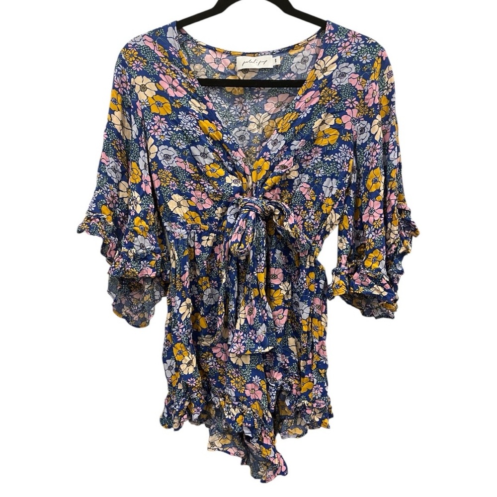 Petal & Pup Blue Floral Tuily Long Sleeve Ruffle Romper Size Small - Picture 6 of 10